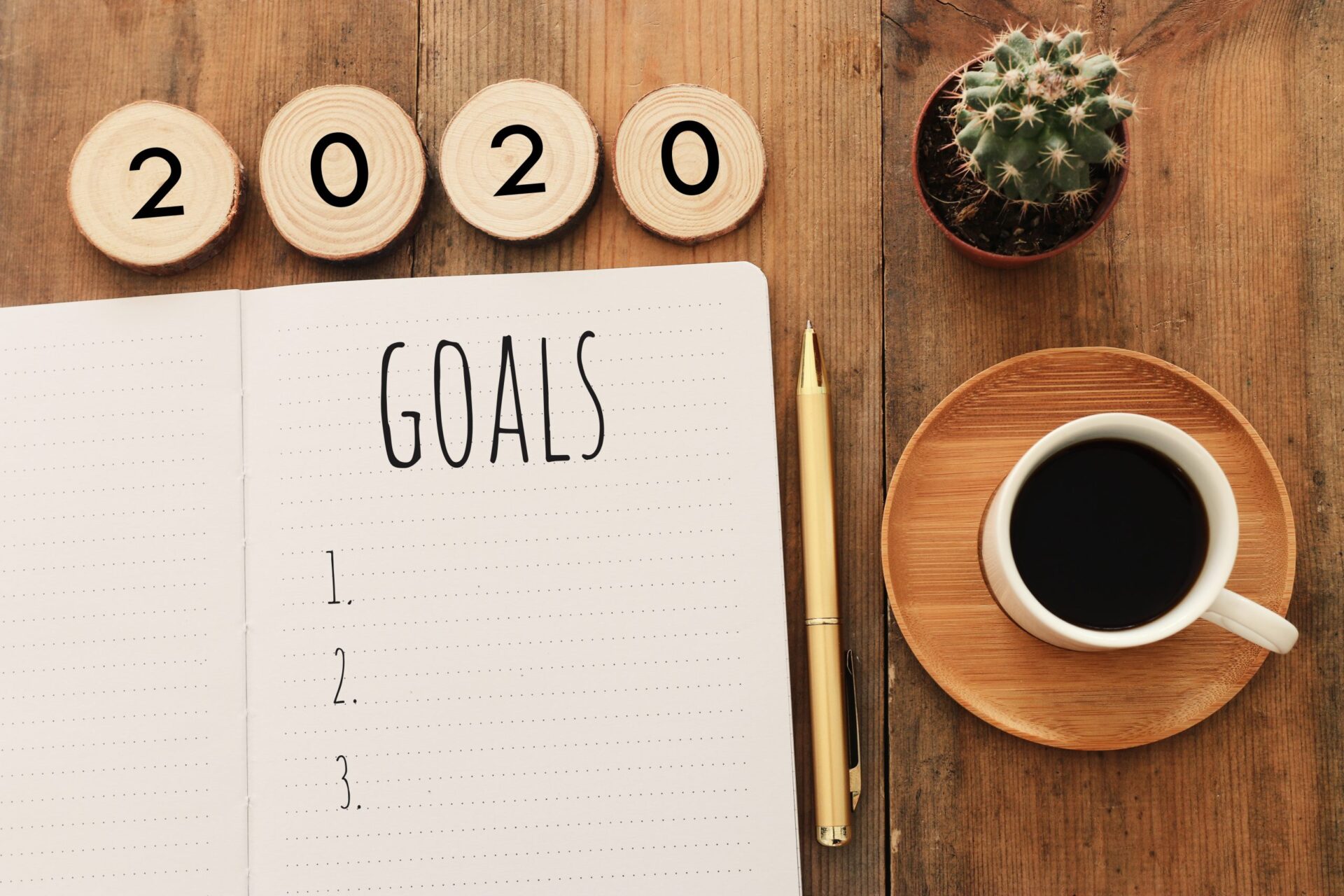 Photo of goals written a notepad beside a cup of coffee and a cactus