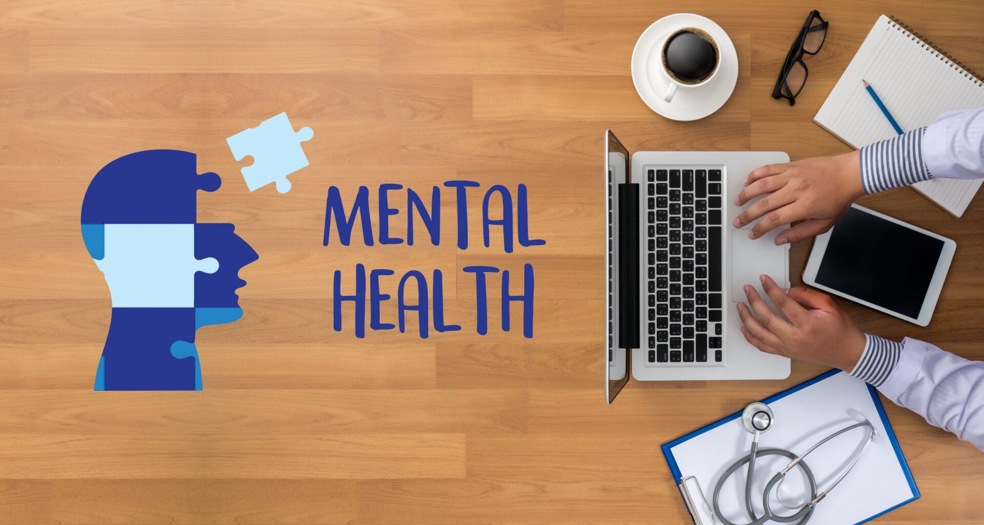 Photo of someone at their laptop, next o words saying 'mental health' and a head made of puzzle pieces